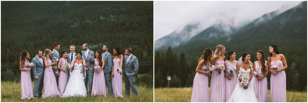 corry lake park canmore wedding bridal party purple and grey