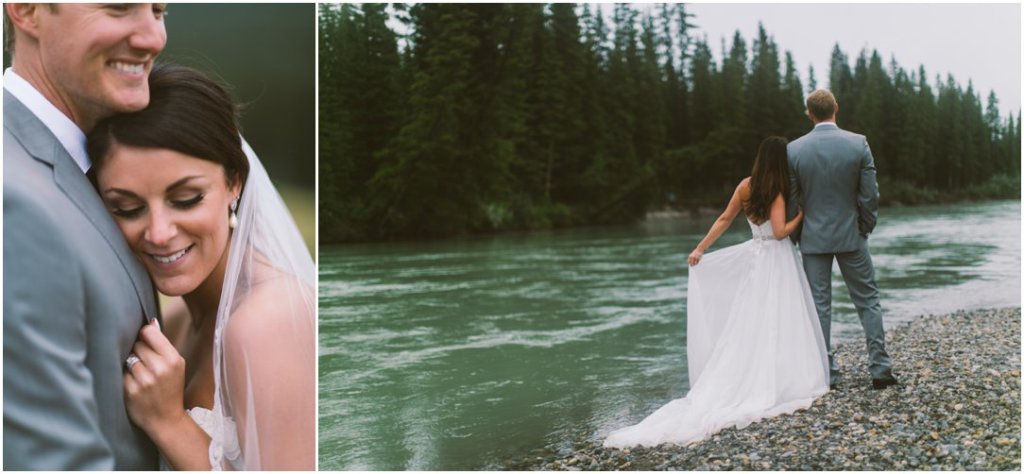 canmore bow river wedding bride and groom romantic photos