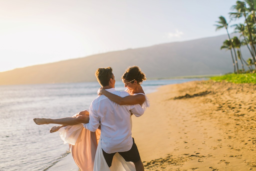 Maui Elopement Wedding Photographer Beach sunset wedding bride with flowy dress
