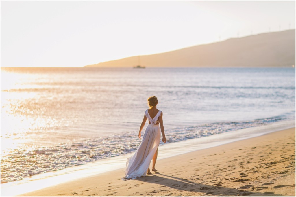 Bride at sunset beautiful wedding dress Maui Beach Wedding Photographer