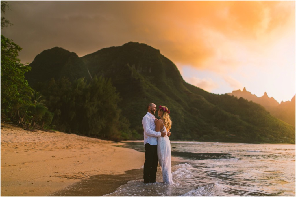 kauai elopement at tunnels beach (Haena State Park) bride and groom sunset wedding