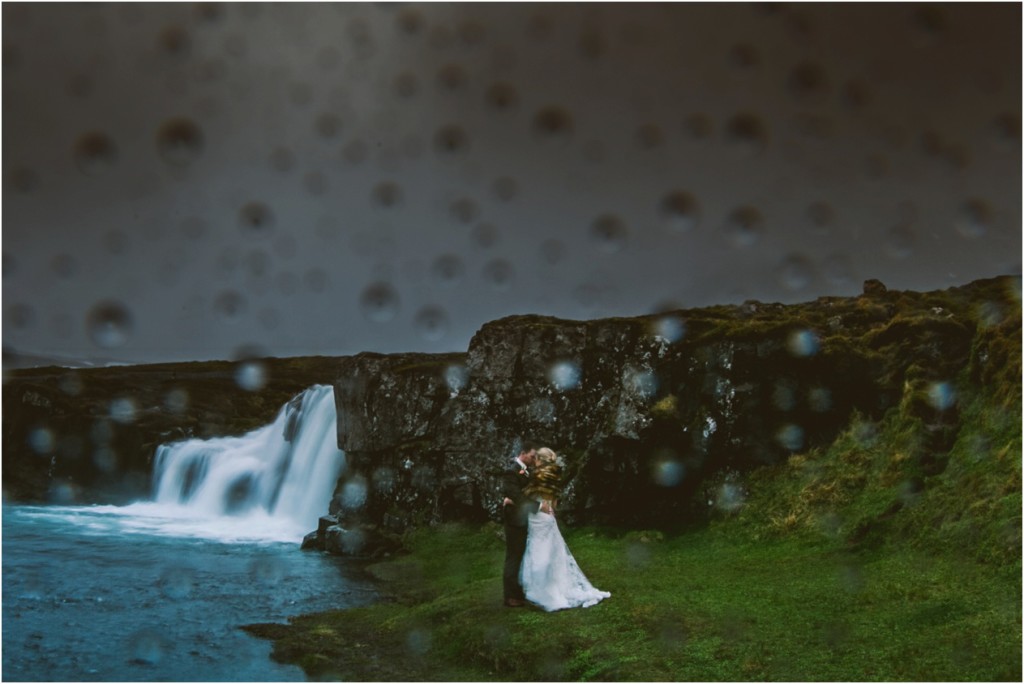 kirkjufell iceland elopement wedding bride and groom stormy