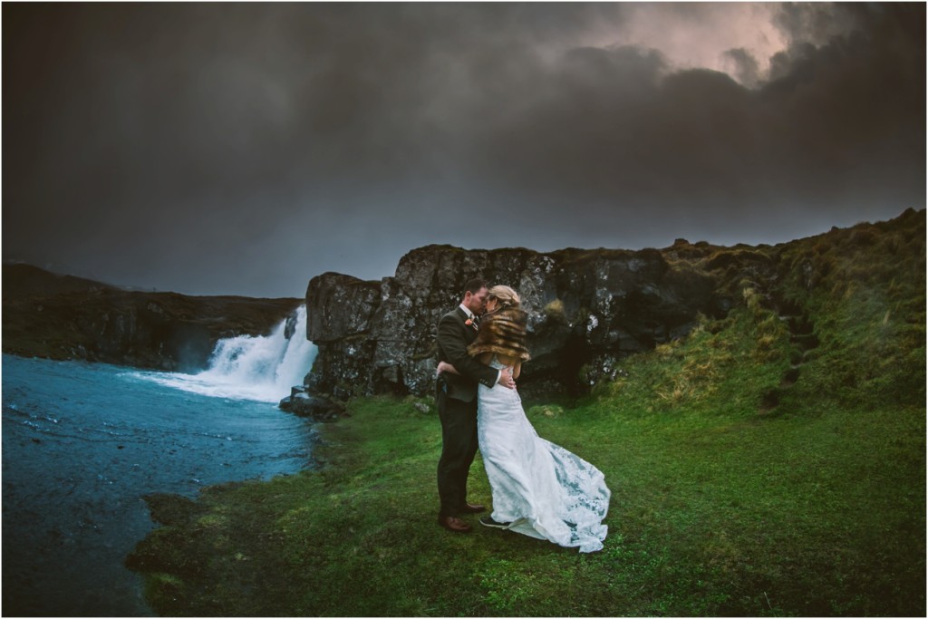 kirkjufell iceland elopement wedding bride and groom stormy