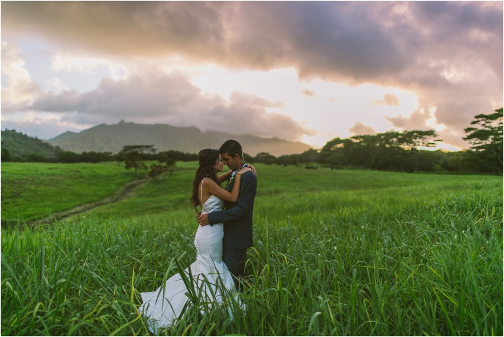 anahola kauai backyard tent wedding bride and groom at sunset in field