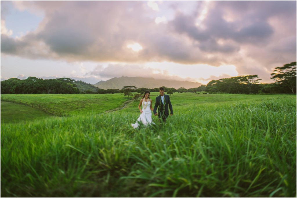 anahola kauai backyard tent wedding bride and groom at sunset in field