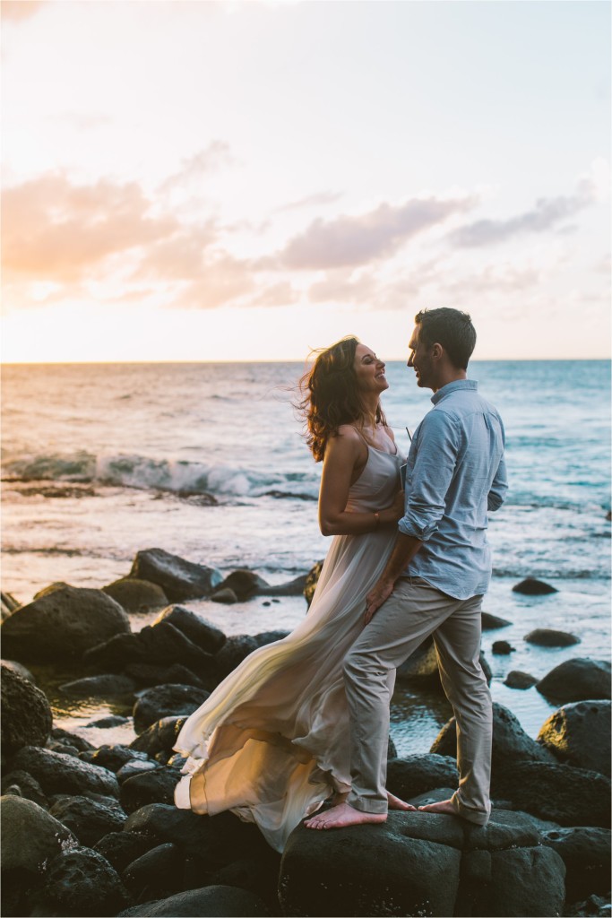 ke'e beach kauai elopement wedding couple at sunset