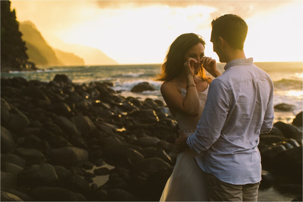 ke'e beach kauai elopement wedding couple at sunset vows