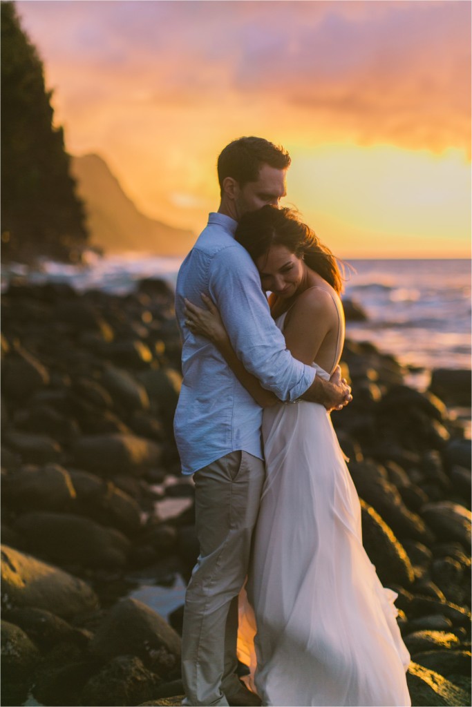 ke'e beach kauai elopement wedding couple at sunset vows