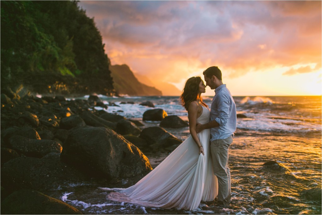 ke'e beach kauai elopement wedding couple at sunset napali coast