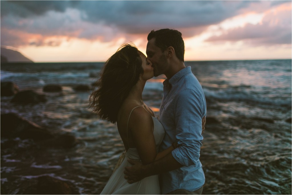 ke'e beach kauai elopement wedding couple at sunset napali coast