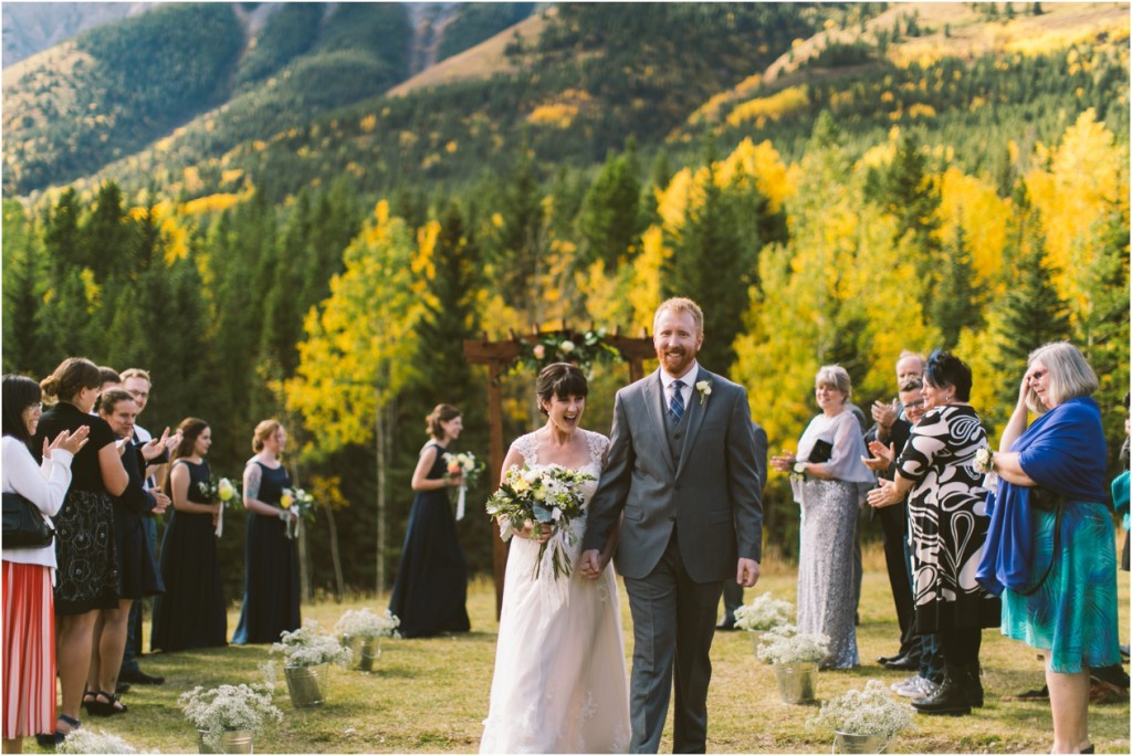 bride and groom at kananaskis lodge fall wedding