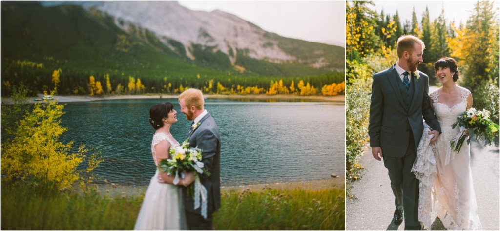 bride and groom at kananaskis delta lodge fall wedding