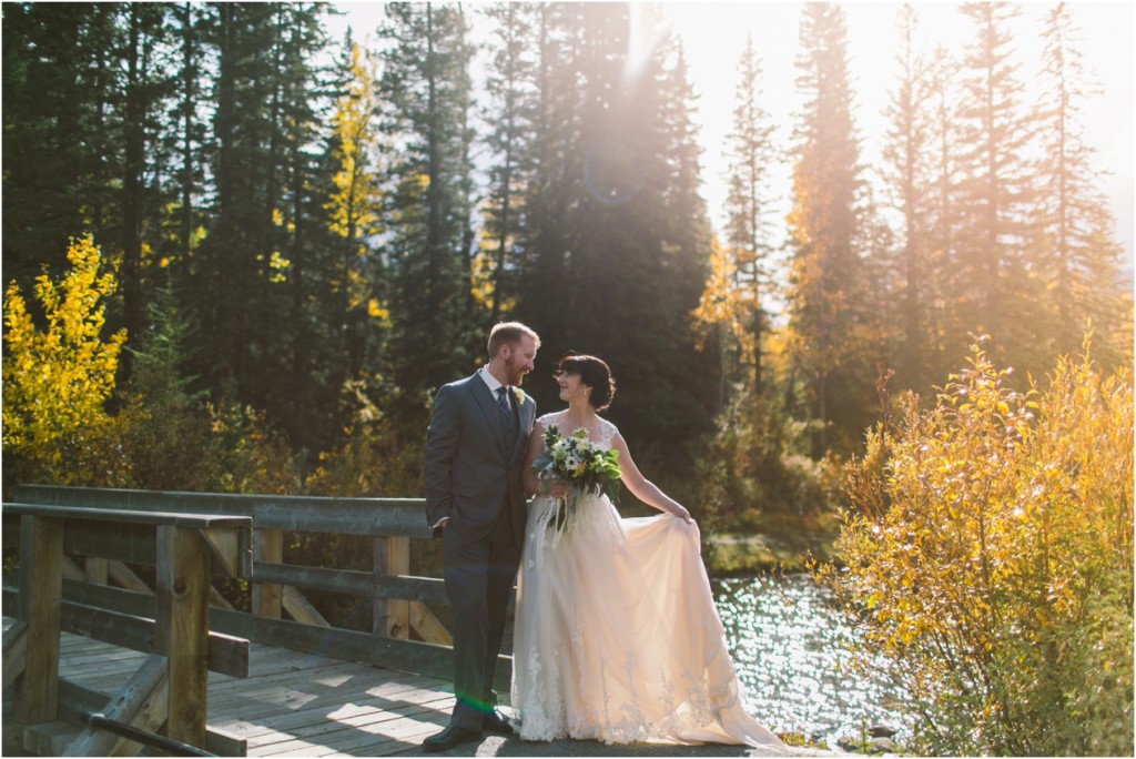 bride and groom at kananaskis delta lodge fall wedding