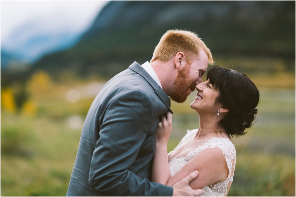 bride and groom at kananaskis delta lodge fall wedding