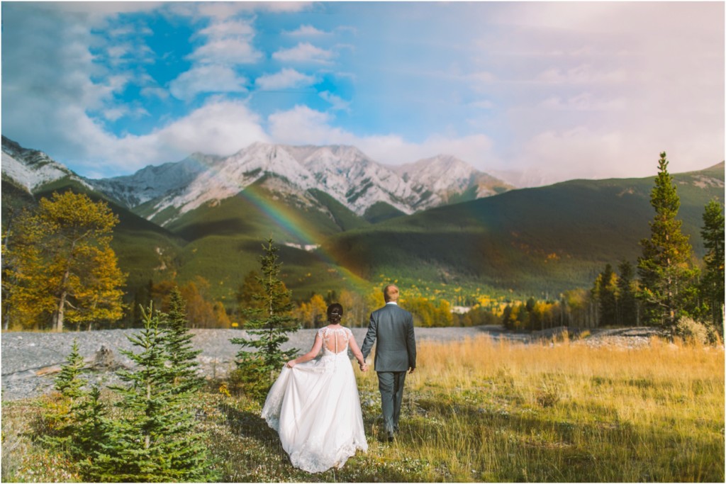 bride and groom at kananaskis delta lodge fall wedding