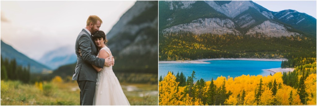 bride and groom at kananaskis delta lodge fall wedding