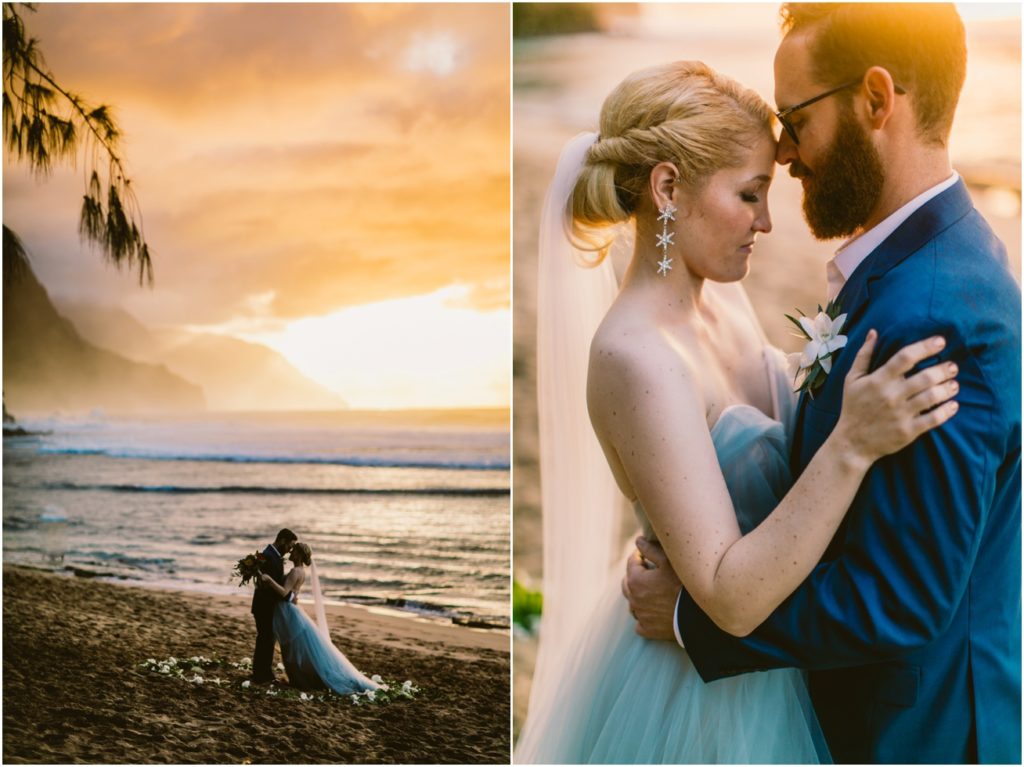 bride and groom at ke'e beach kauai wedding elopement hawaii